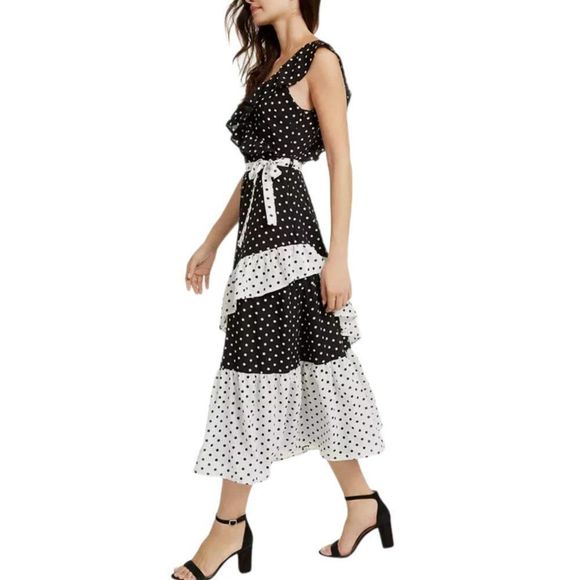 Q&A Polka Dot Midi Black White Tiered Dress XL NEW - Picture 8 of 8
